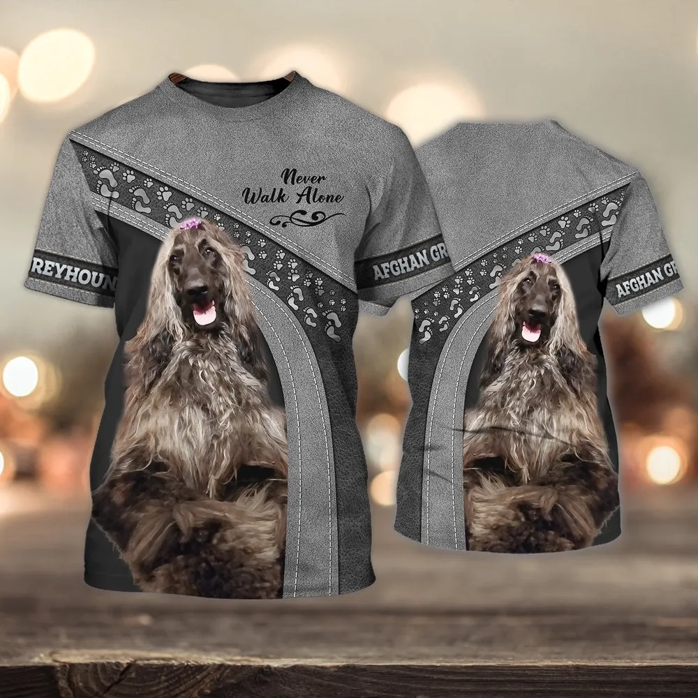 3D Dog T Shirts, Afghan Hound Love Never Walk Alone All Over Print T-Shirt, Gift For Pet Loves