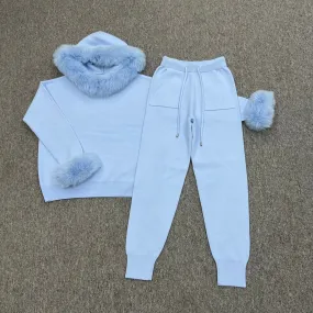 Baby Blue Luxury Fur Trim Hood & Cuff Jogger Tracksuit