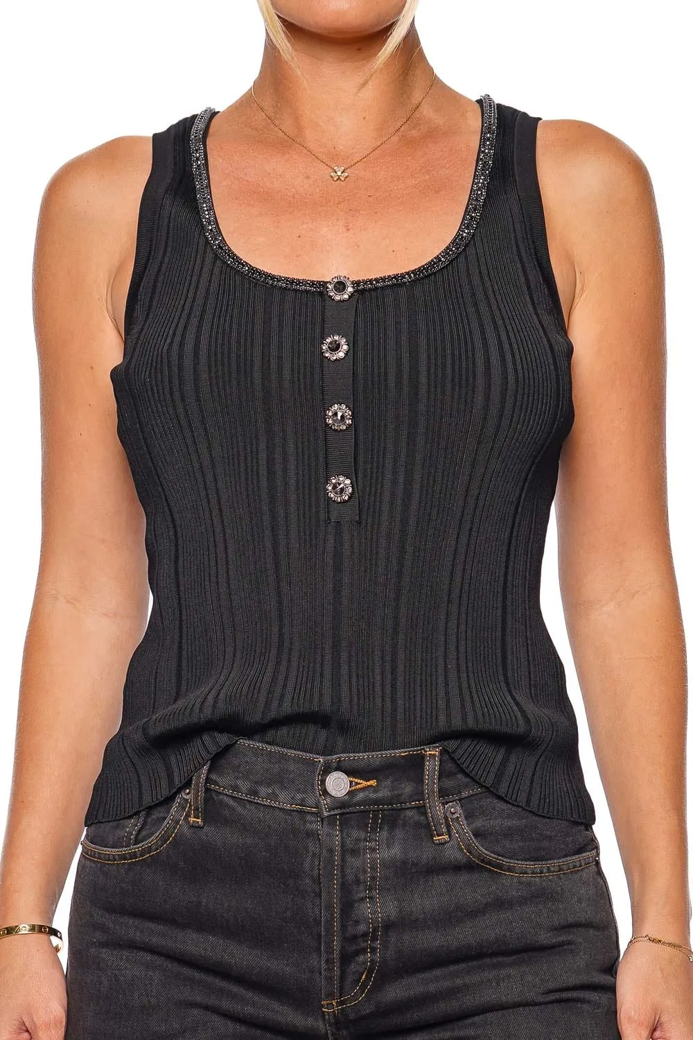 Black Embellished Ribbed Knit Tank