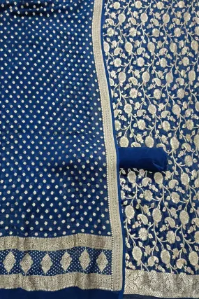 Blue Banarasi Pure Georgette Three Piece Unstitched Suit Set