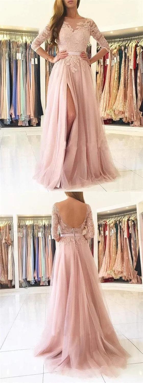 Blush Pink Lace Prom Dresses, Side Slit Prom Dresses, Half Sleeves Prom Dresses, BG0405