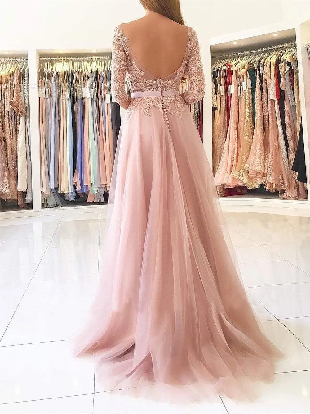 Blush Pink Lace Prom Dresses, Side Slit Prom Dresses, Half Sleeves Prom Dresses, BG0405