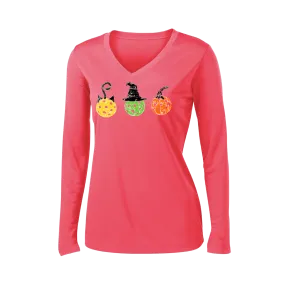 Cat Witch Pumpkin  | Women’s Long Sleeve V-Neck Shirt | 100% Polyester