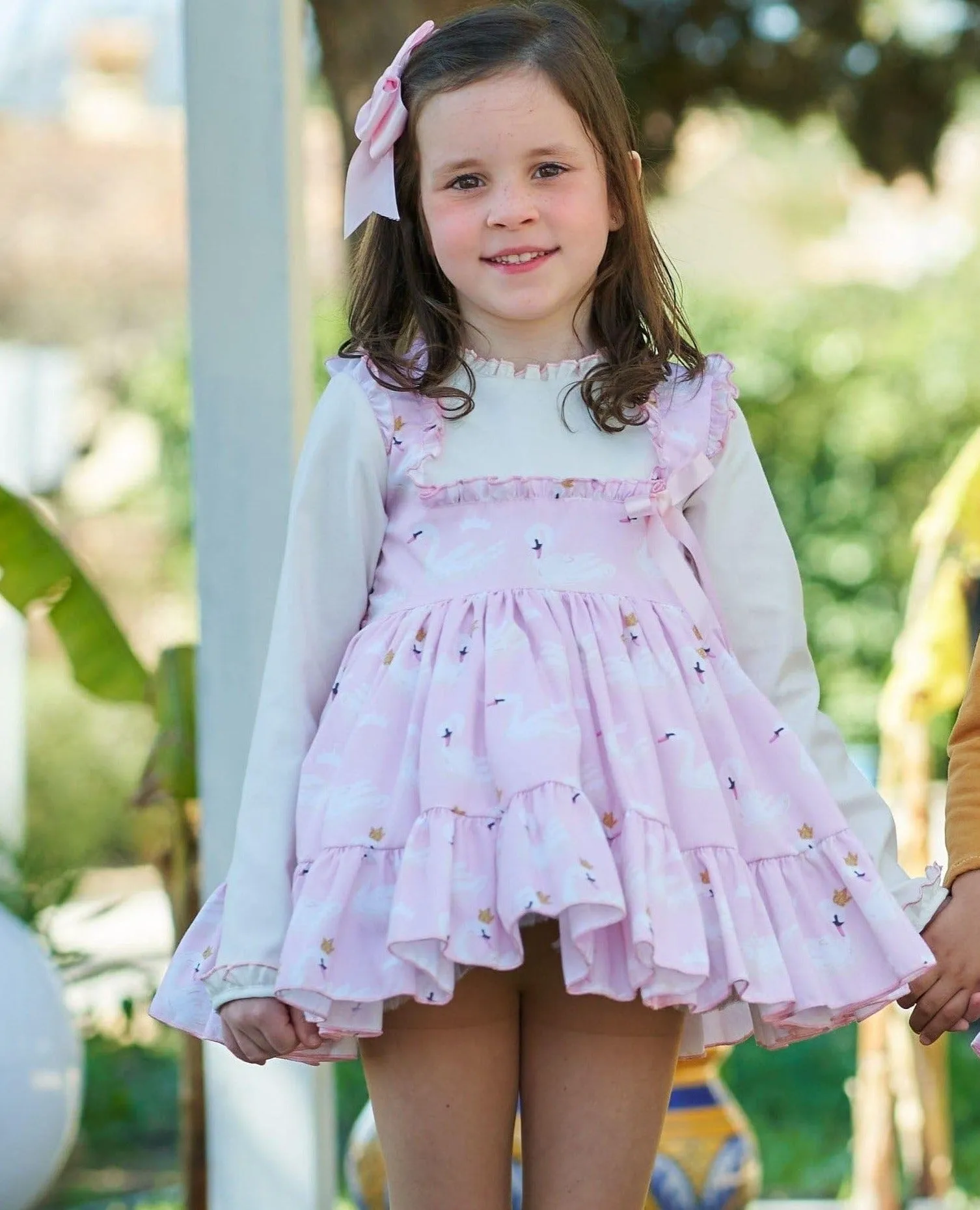 CLEARANCE SALE Belcoquet - Girls Pink & Cream Swan Print Dress