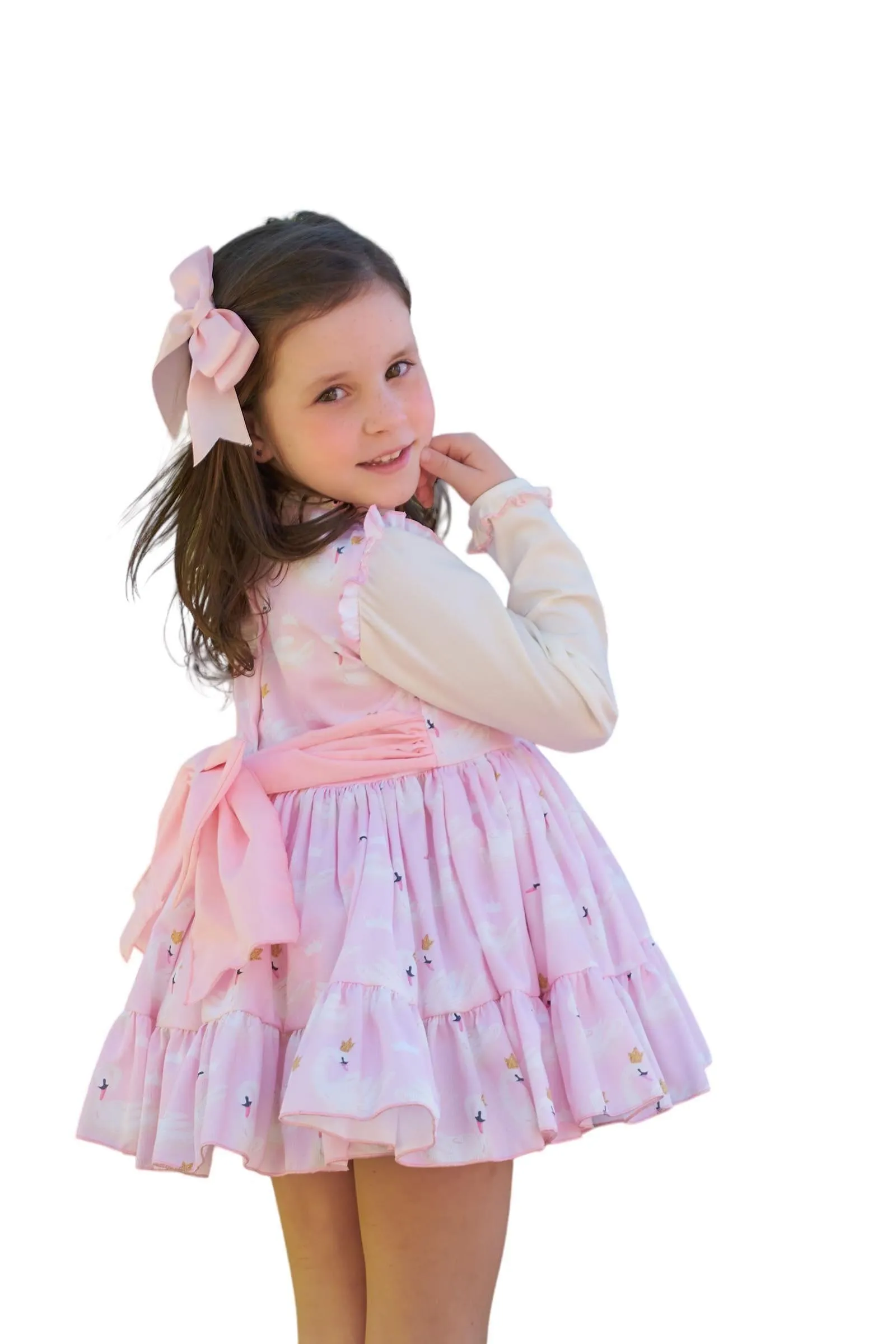 CLEARANCE SALE Belcoquet - Girls Pink & Cream Swan Print Dress