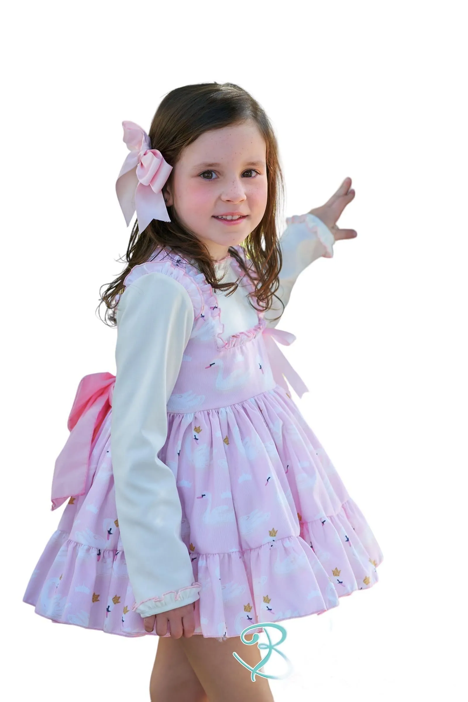 CLEARANCE SALE Belcoquet - Girls Pink & Cream Swan Print Dress