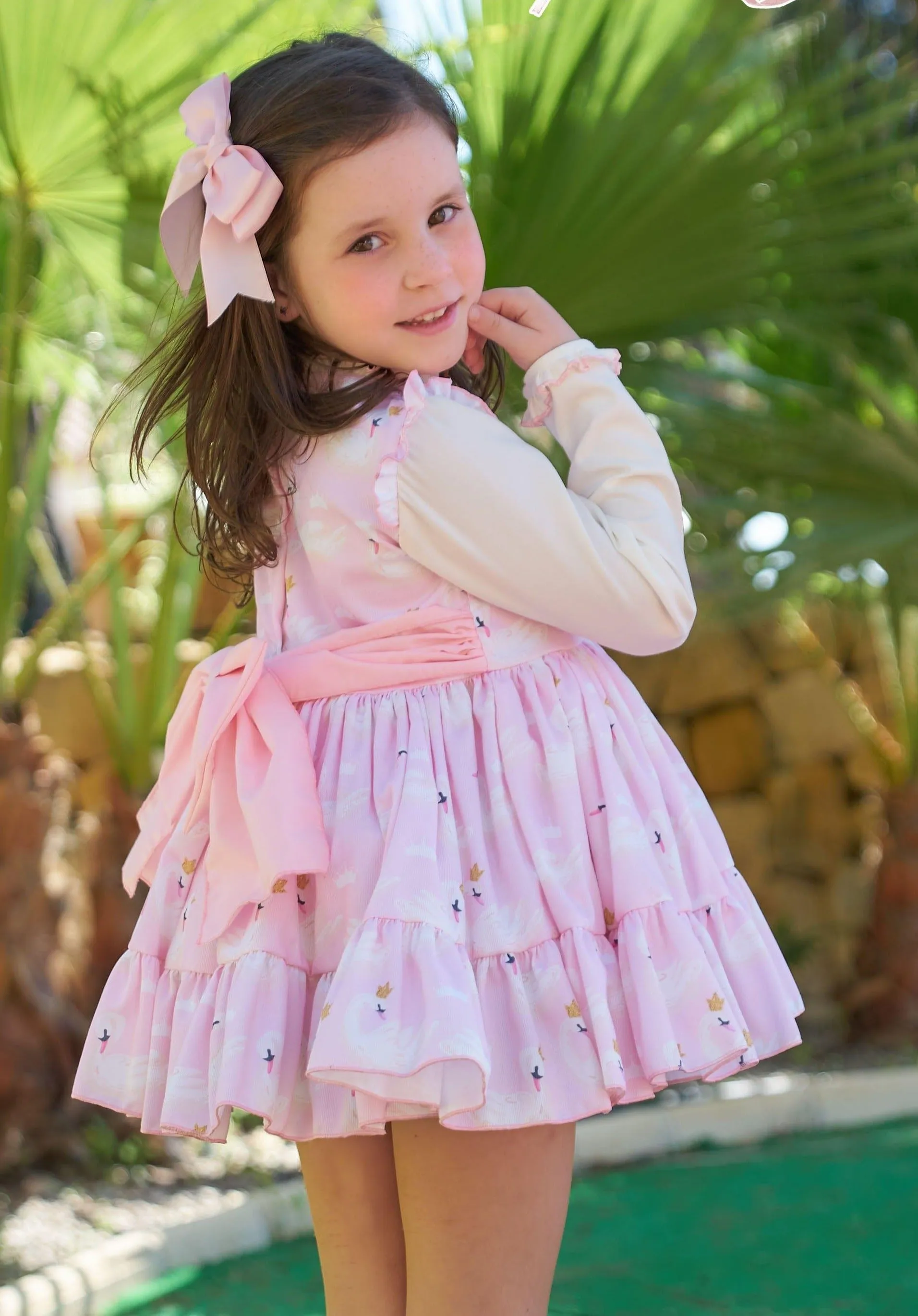 CLEARANCE SALE Belcoquet - Girls Pink & Cream Swan Print Dress