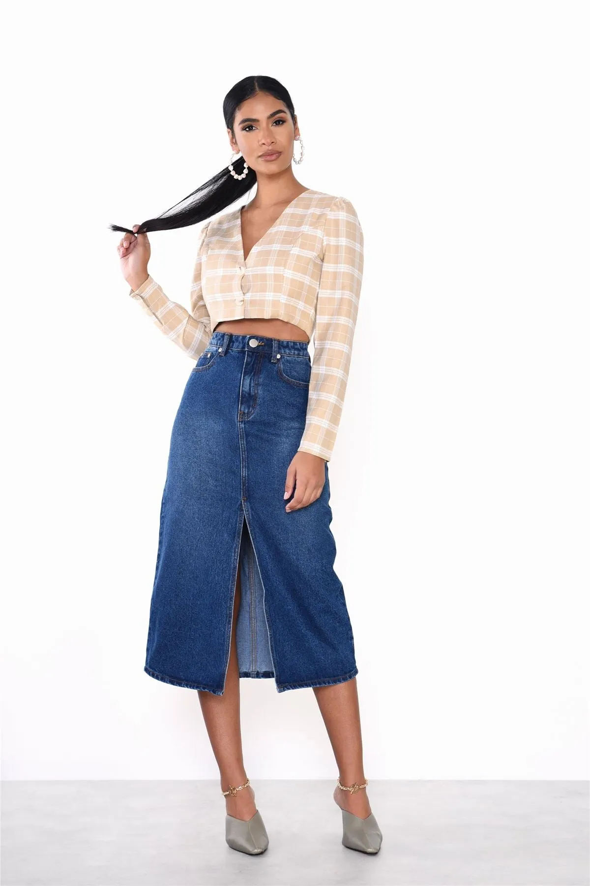 Dark Blue Stonewash Split High Waisted Midi Skirt