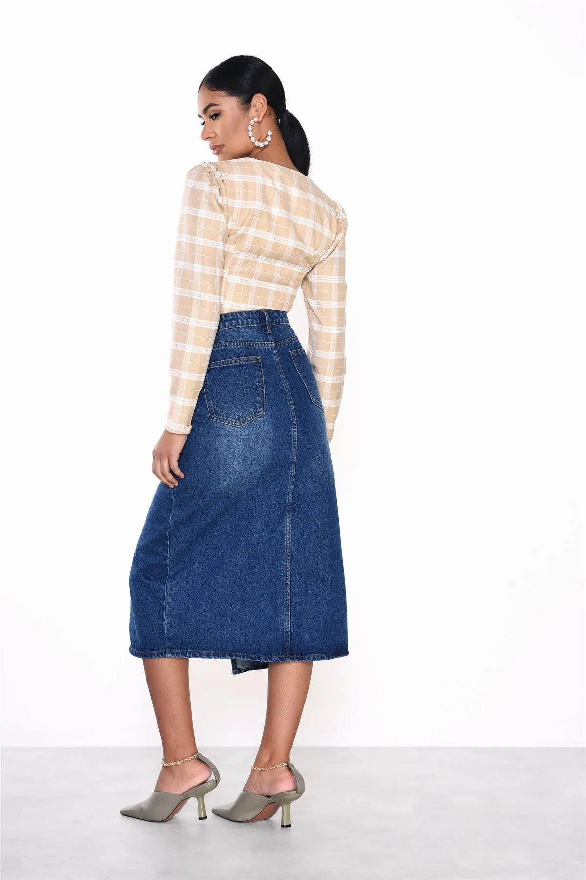 Dark Blue Stonewash Split High Waisted Midi Skirt