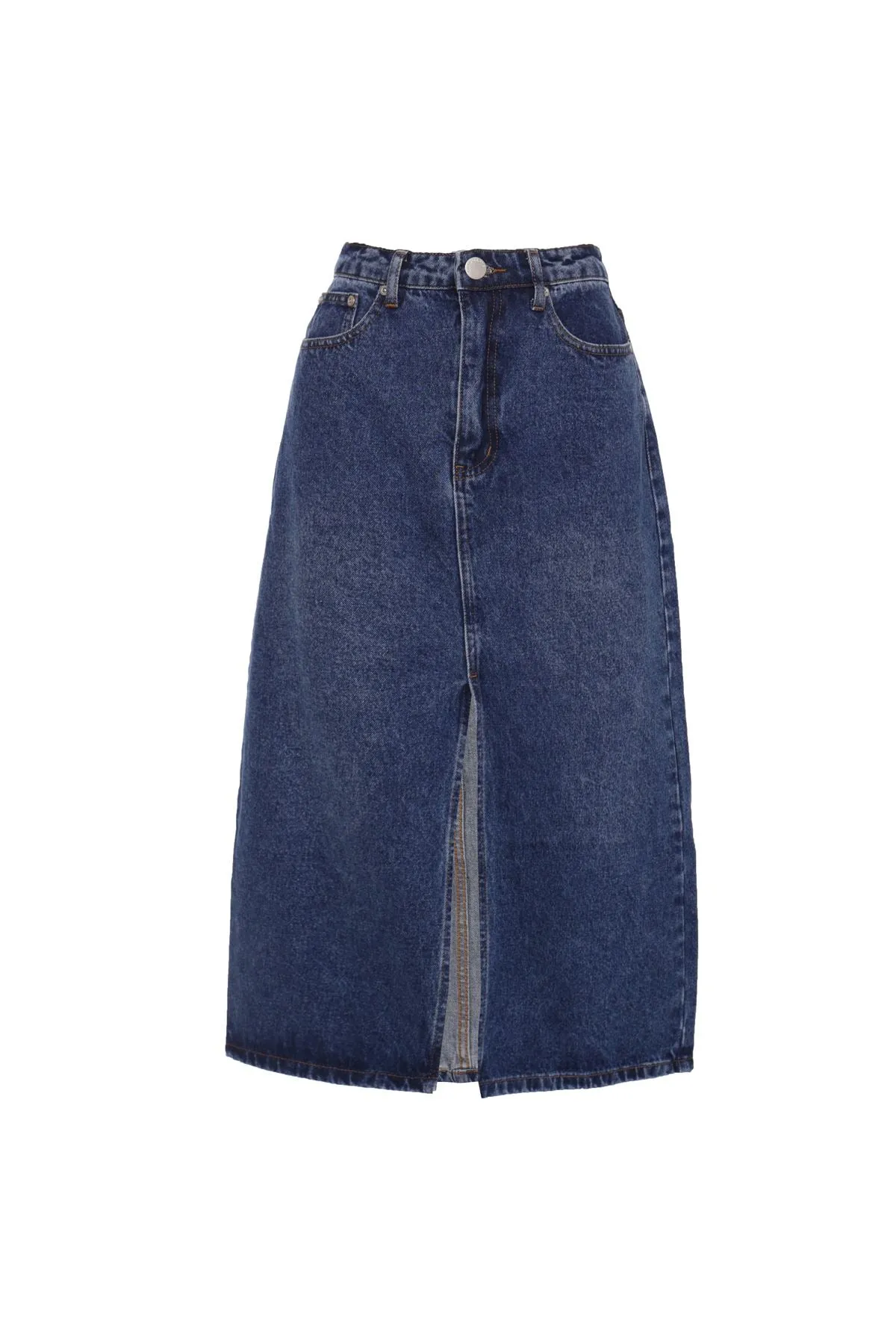 Dark Blue Stonewash Split High Waisted Midi Skirt