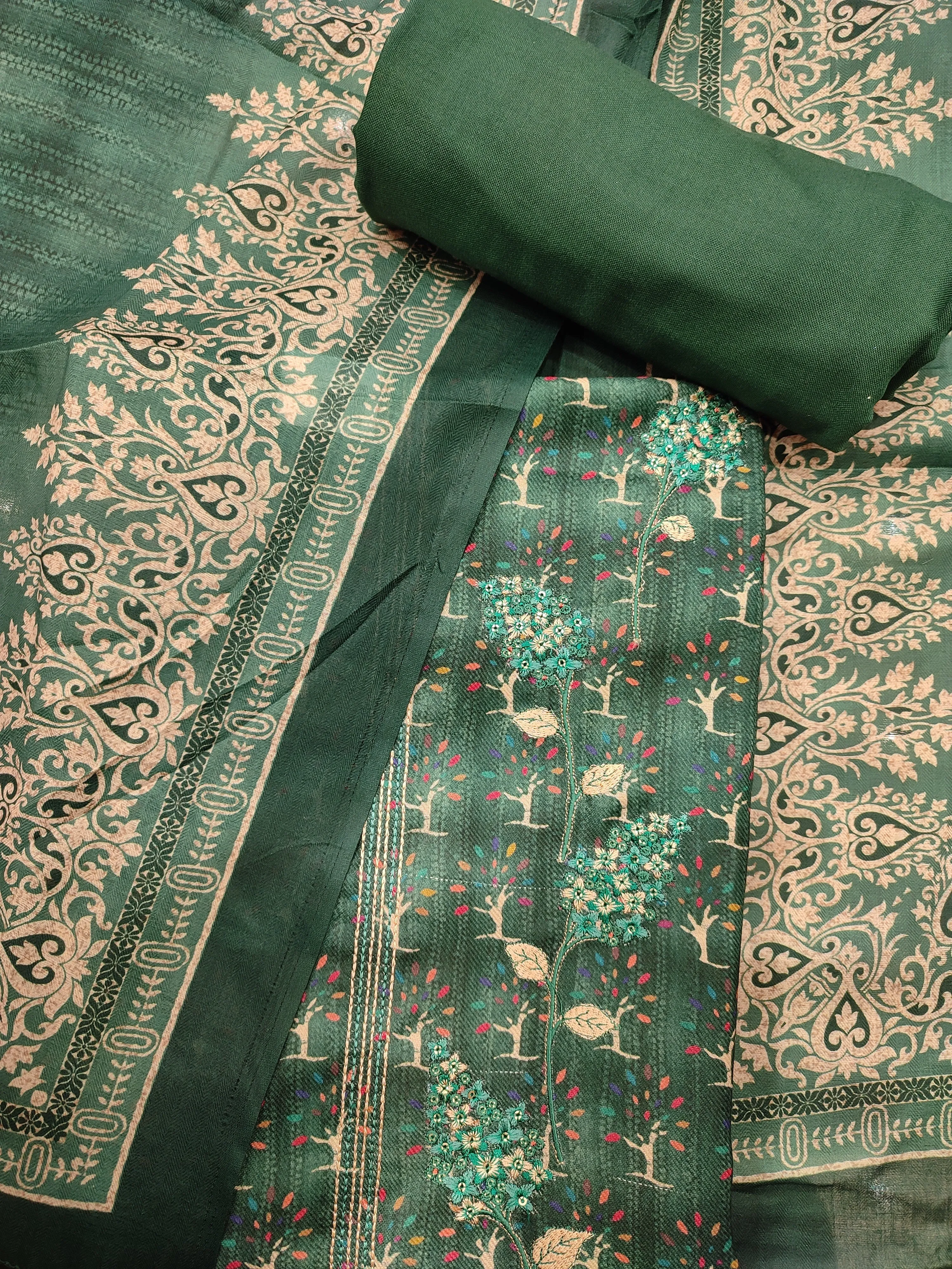 Green Pashmina Unstitched Suit With Thread Embroidery