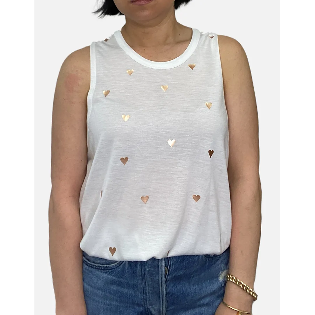 Jane Featherweight White Tank Top - Rose Gold Foil Hearts