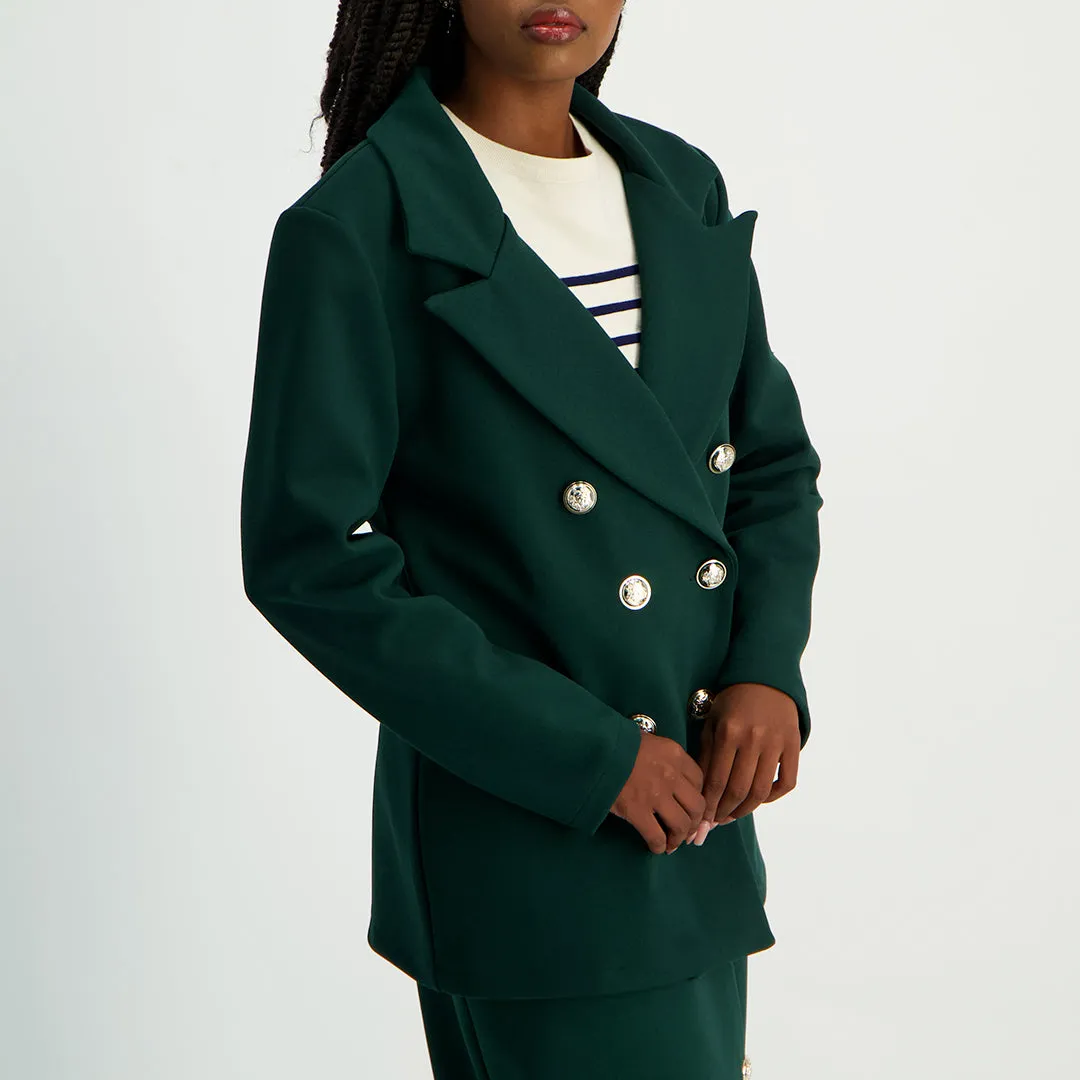 LADIES CIARRA BOTTLE GREEN DBL BREAST BONDED CREPE JACKET