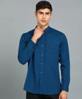 Men's Blue Cotton Full Sleeve Slim Fit Solid Shirt with Mandarin Collar