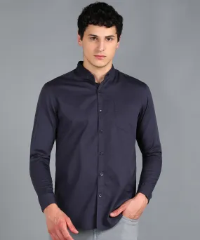 Men's Dark Grey Cotton Full Sleeve Slim Fit Solid Shirt with Mandarin Collar