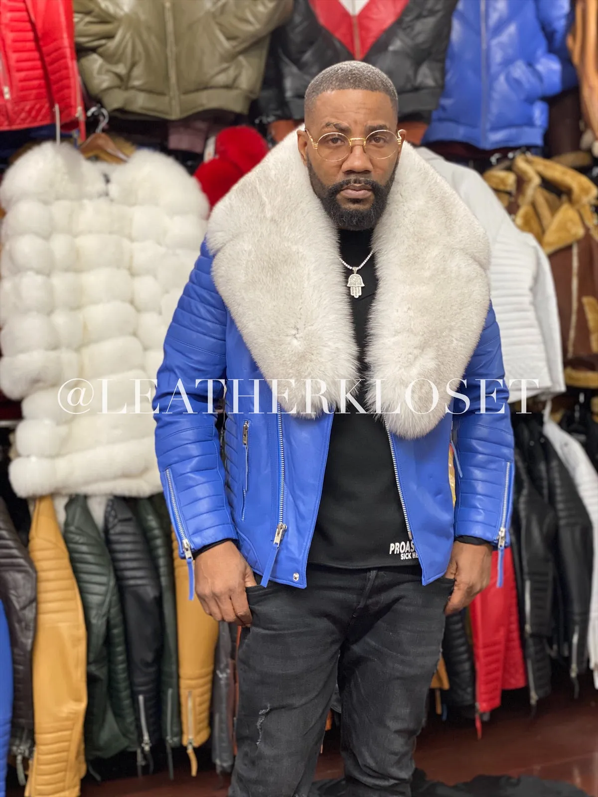 Men's Jay Biker Royal Blue With Full Fox Fur Collar