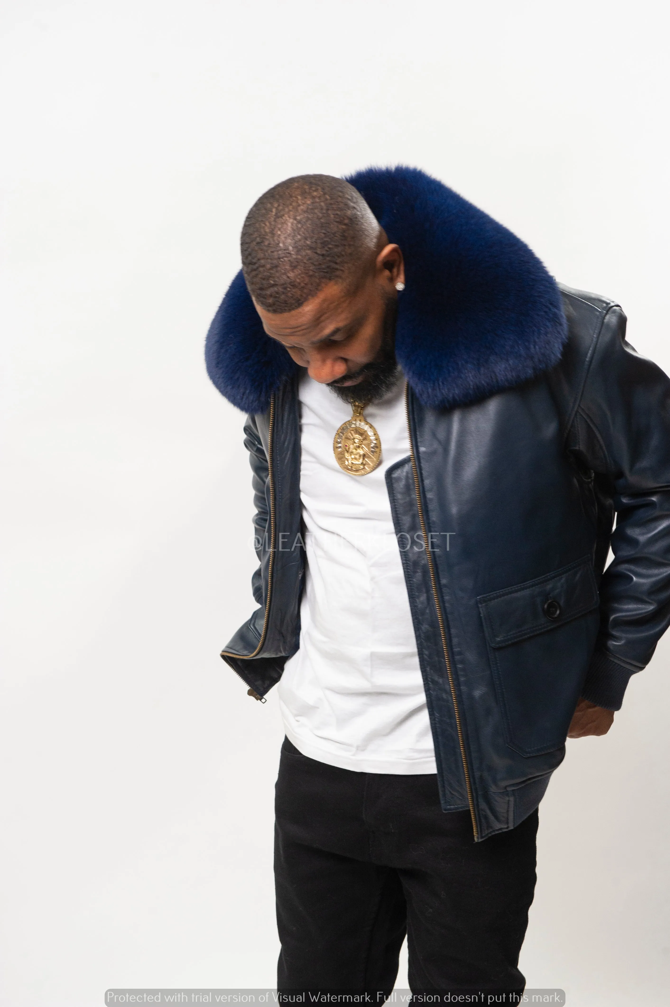 Men's Leather Pilot Aviator Bomber Jacket With Fox Collar [Navy]