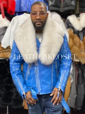 Men's Trey Biker Distressed Leather Full Fox Fur Collar