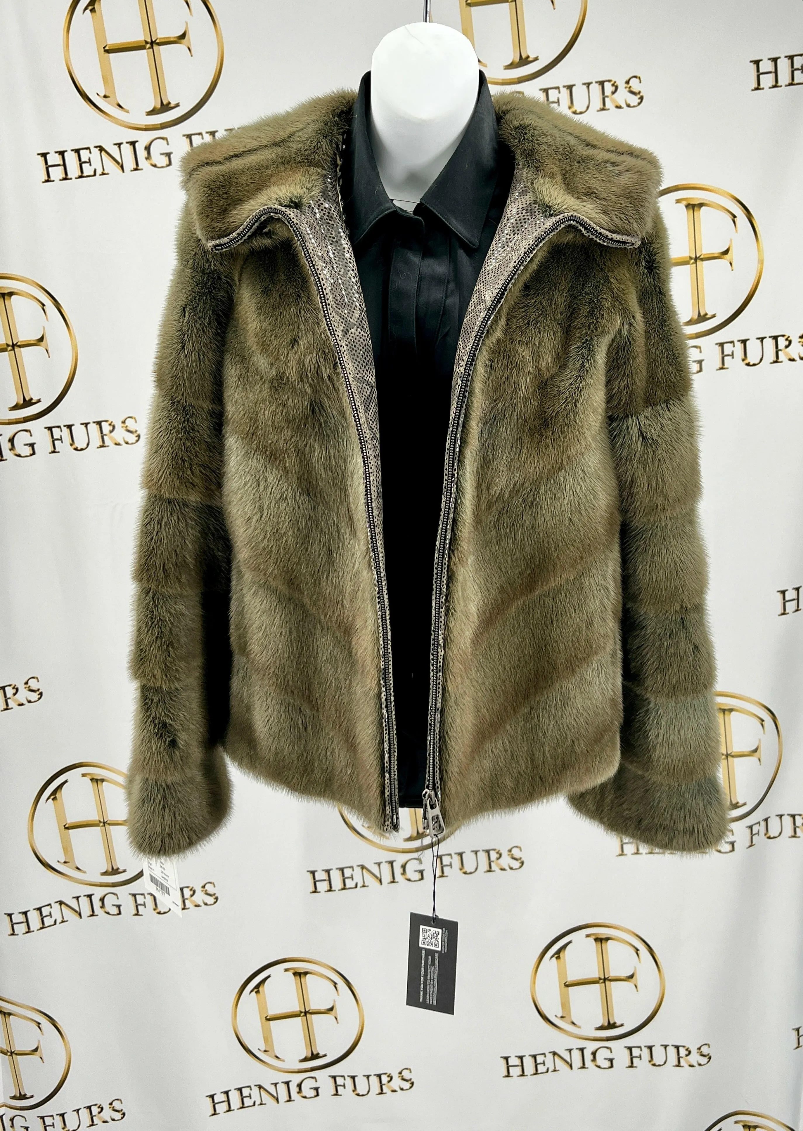 Olive Mink Fur Jacket with Hood