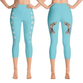 Our best viral leggings robin egg blue awesome goddess white letters