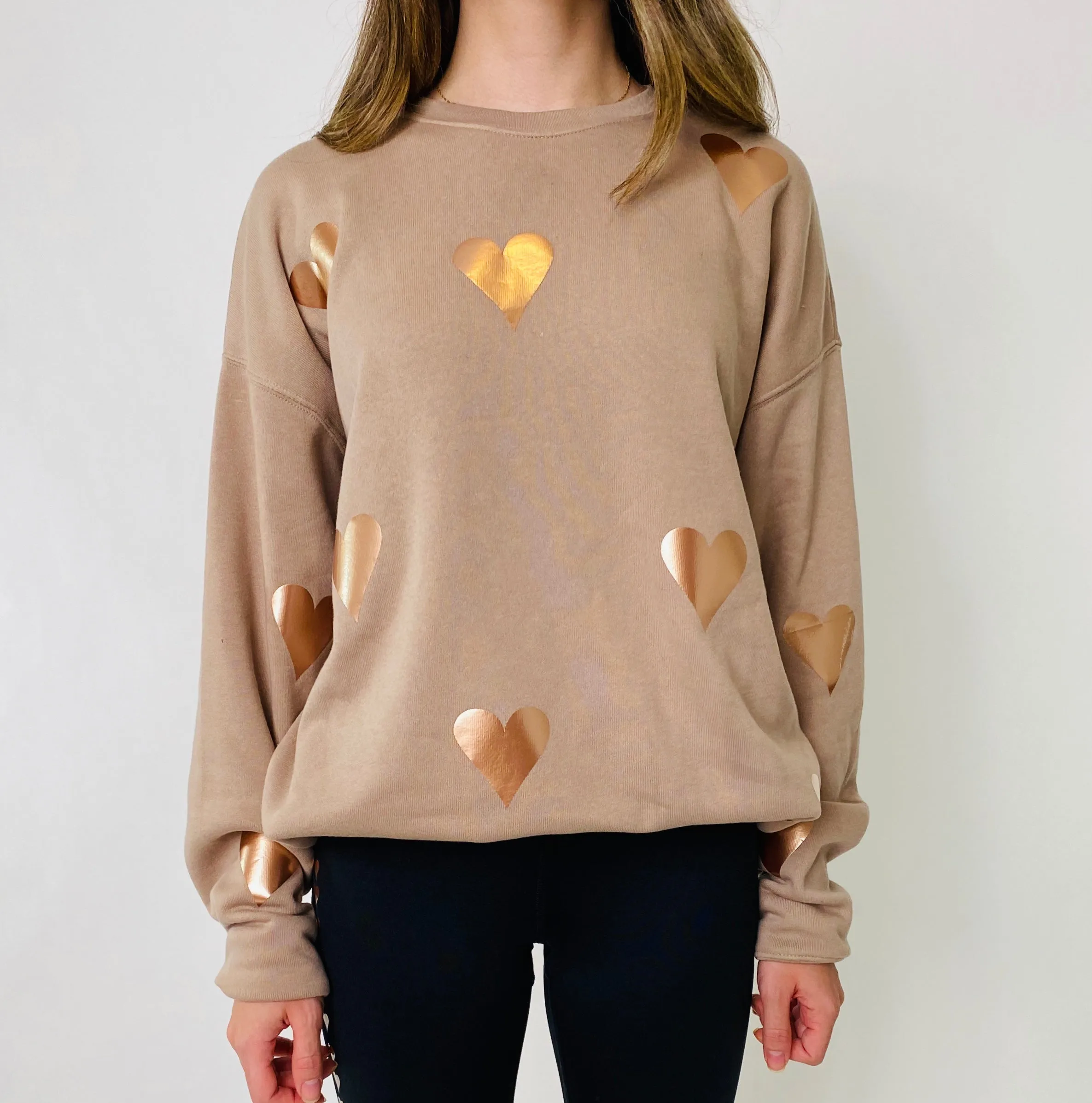 Poppy Ultra Chic Tan Sweatshirt - Rose Gold Foil Hearts