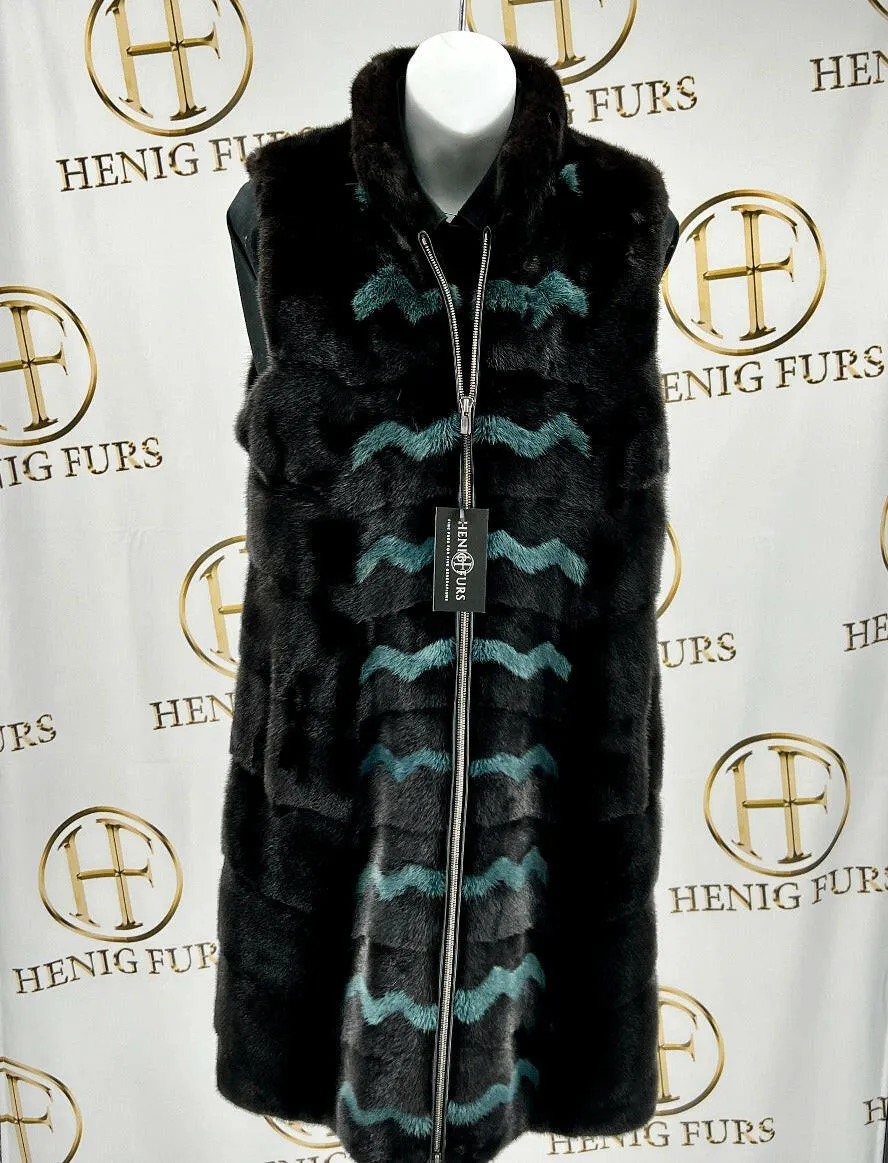 Ranch and Ocean Blue Long Mink Fur Vest with Zip Front