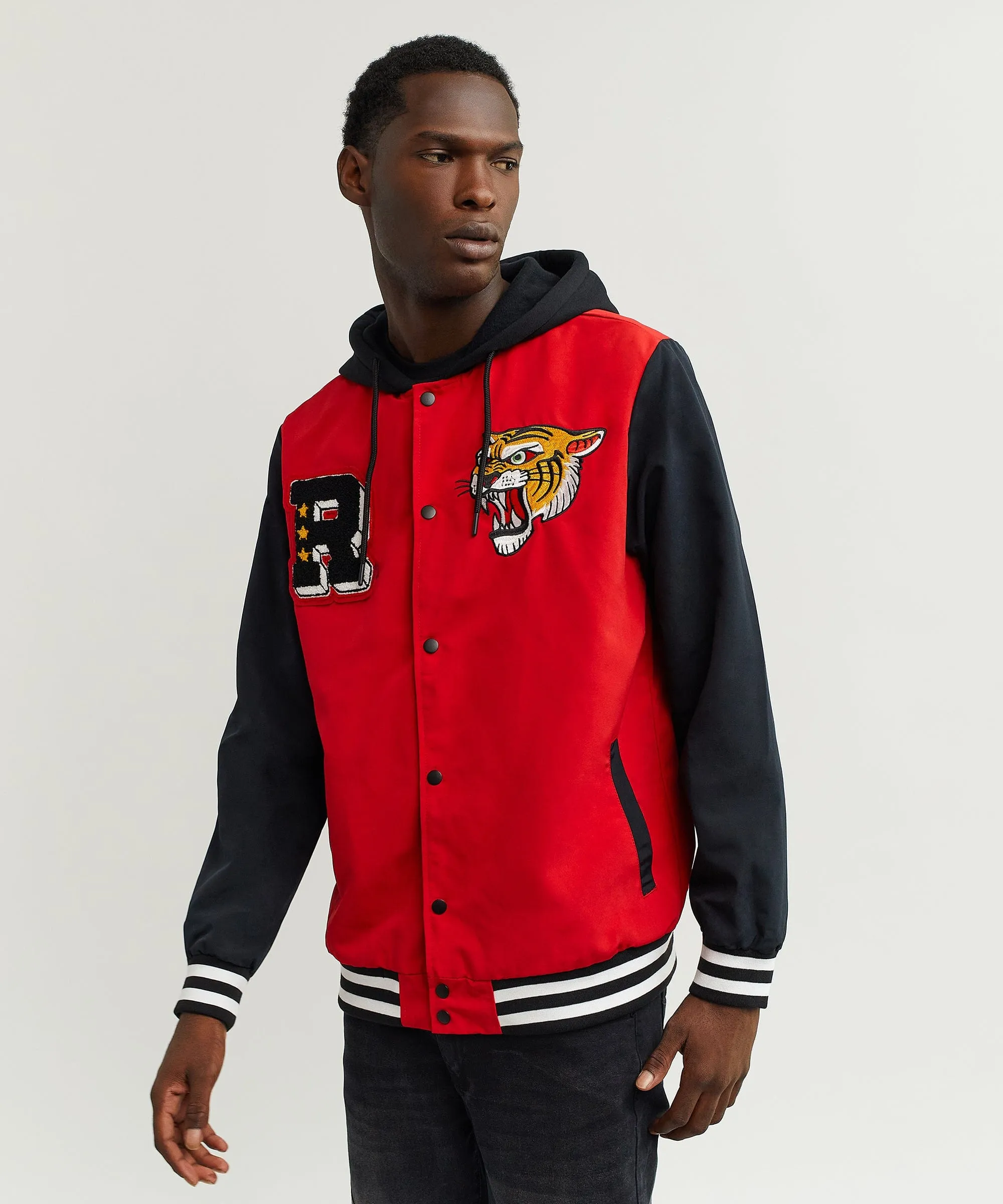 Tigers Varsity Hooded Jacket With Chenille And Embroidered Patches - Red