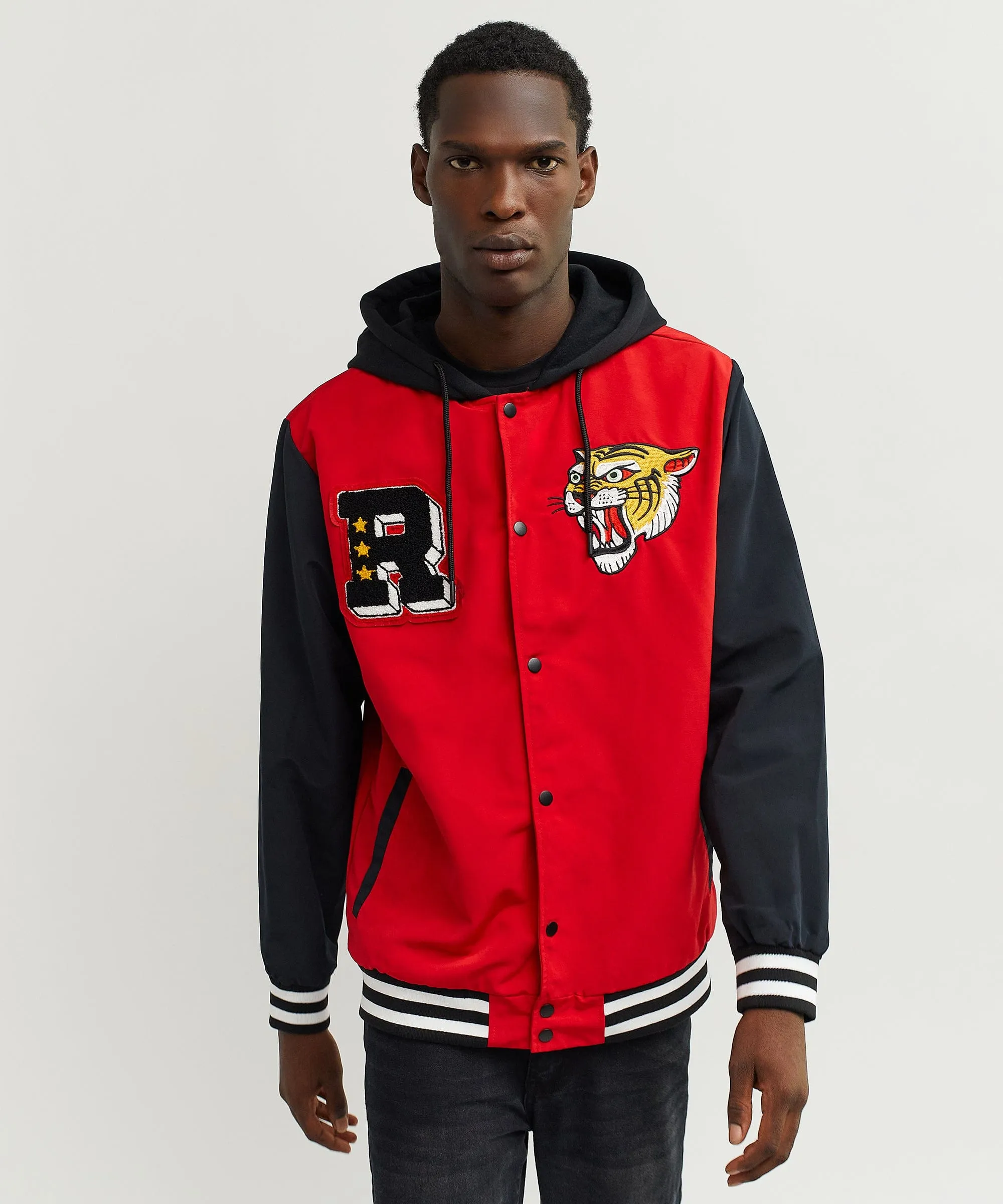 Tigers Varsity Hooded Jacket With Chenille And Embroidered Patches - Red