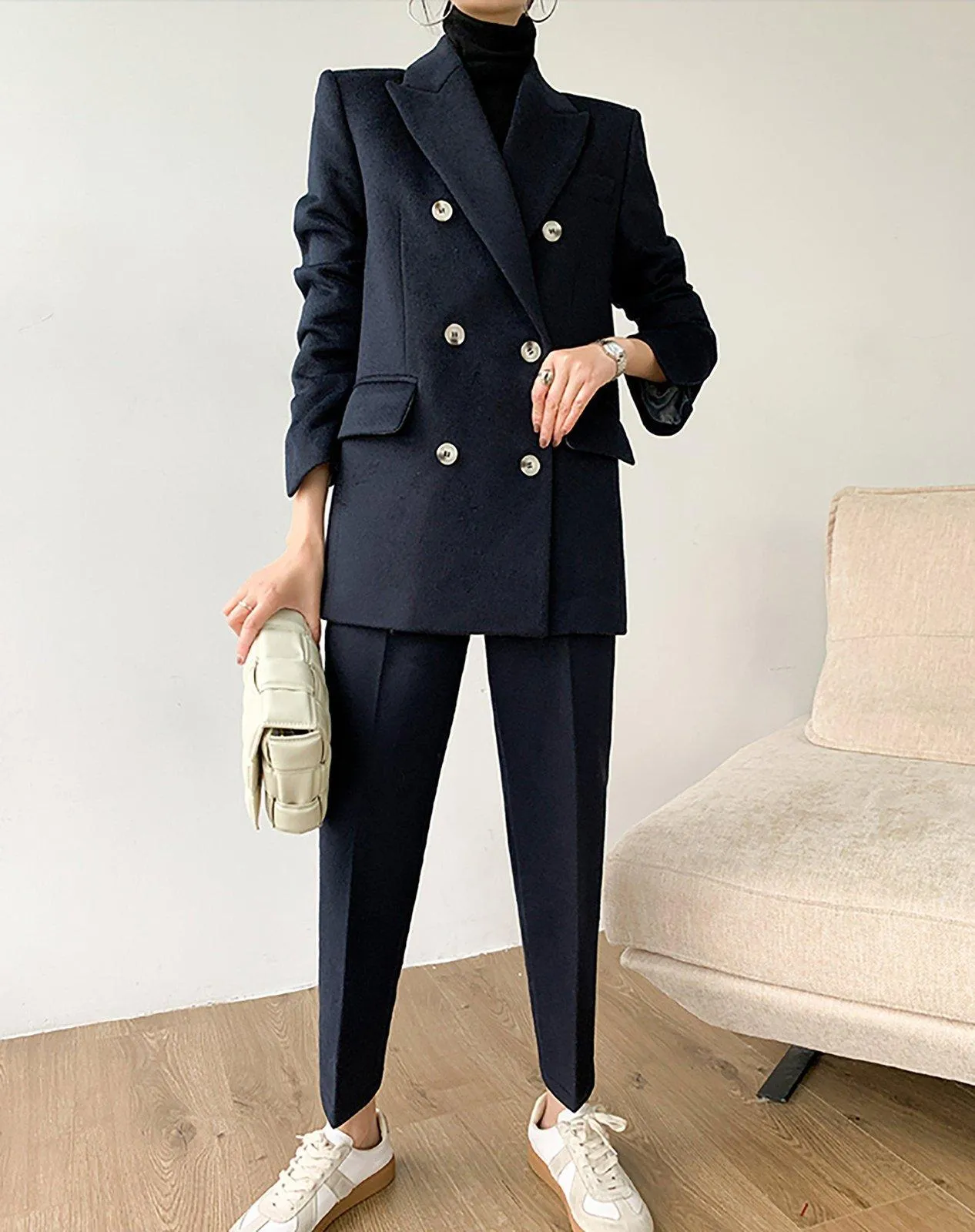 Wool Blend Double Breasted Blazer & Cropped Pants Set