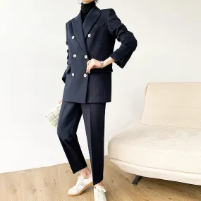 Wool Blend Double Breasted Blazer & Cropped Pants Set