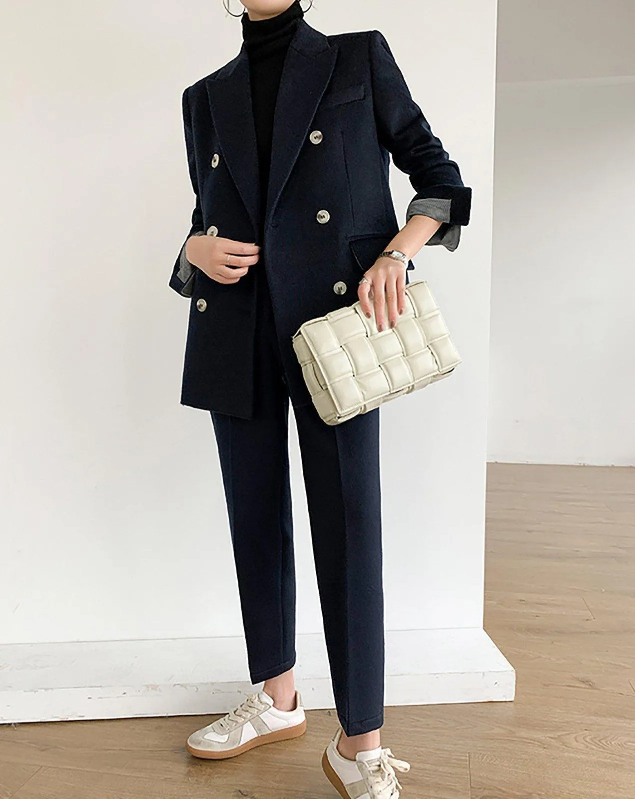 Wool Blend Double Breasted Blazer & Cropped Pants Set